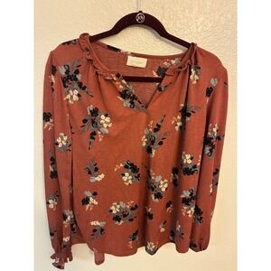 Melloday Womens Rust Floral Ruffle Neck Long Sleeve Blouse Size Medium